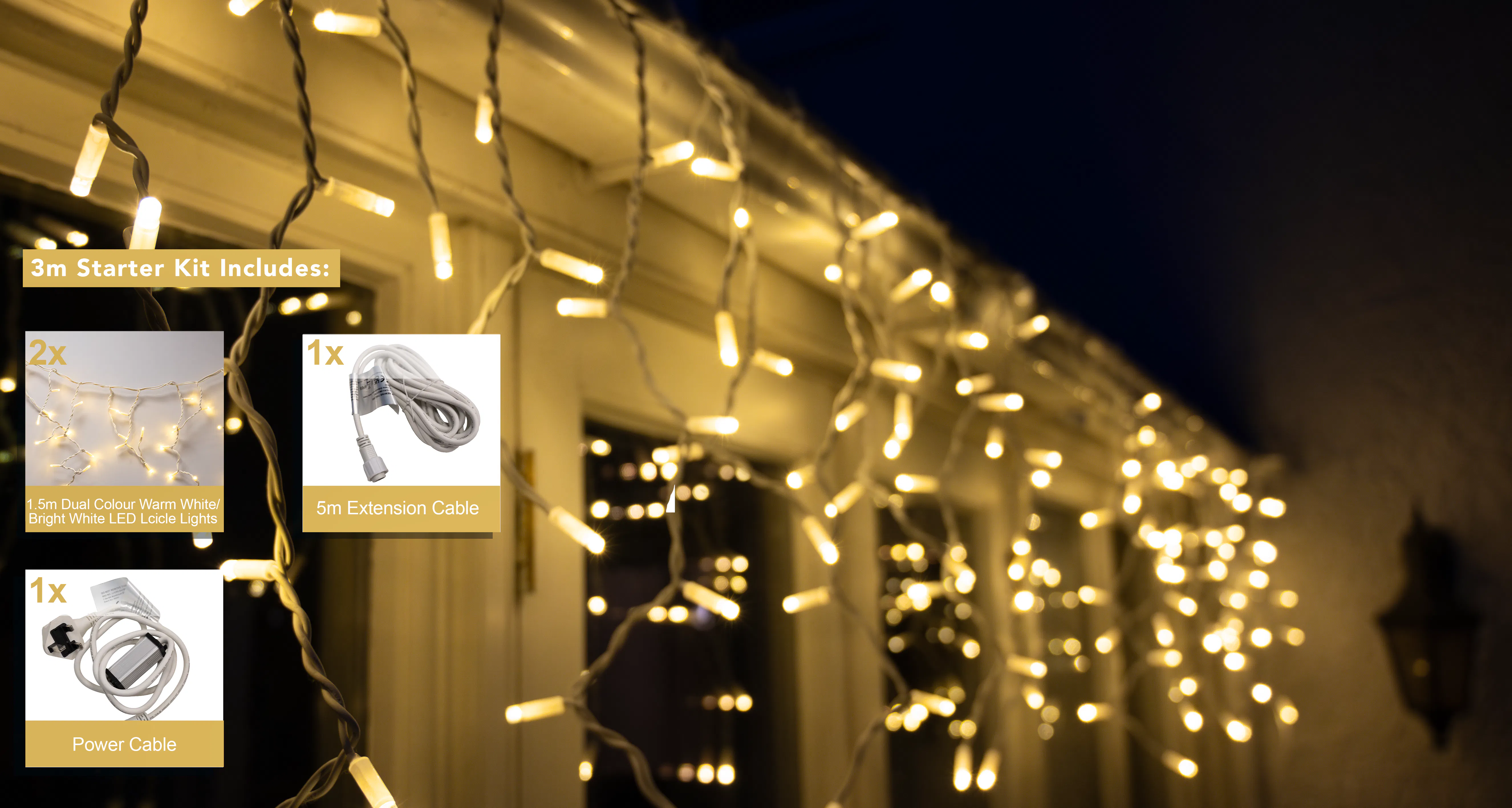 Crownvine 3m Icicle Lights Starter Set - 120 LEDs Dual Colour (Warm White / Bright White) - White Rubber Cable