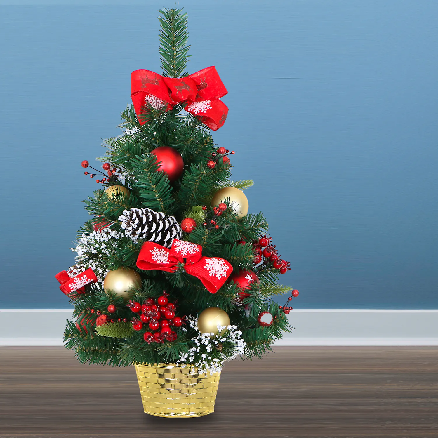 60cm Decorated Mixed Pine Mini Tree with Red & Gold Baubles