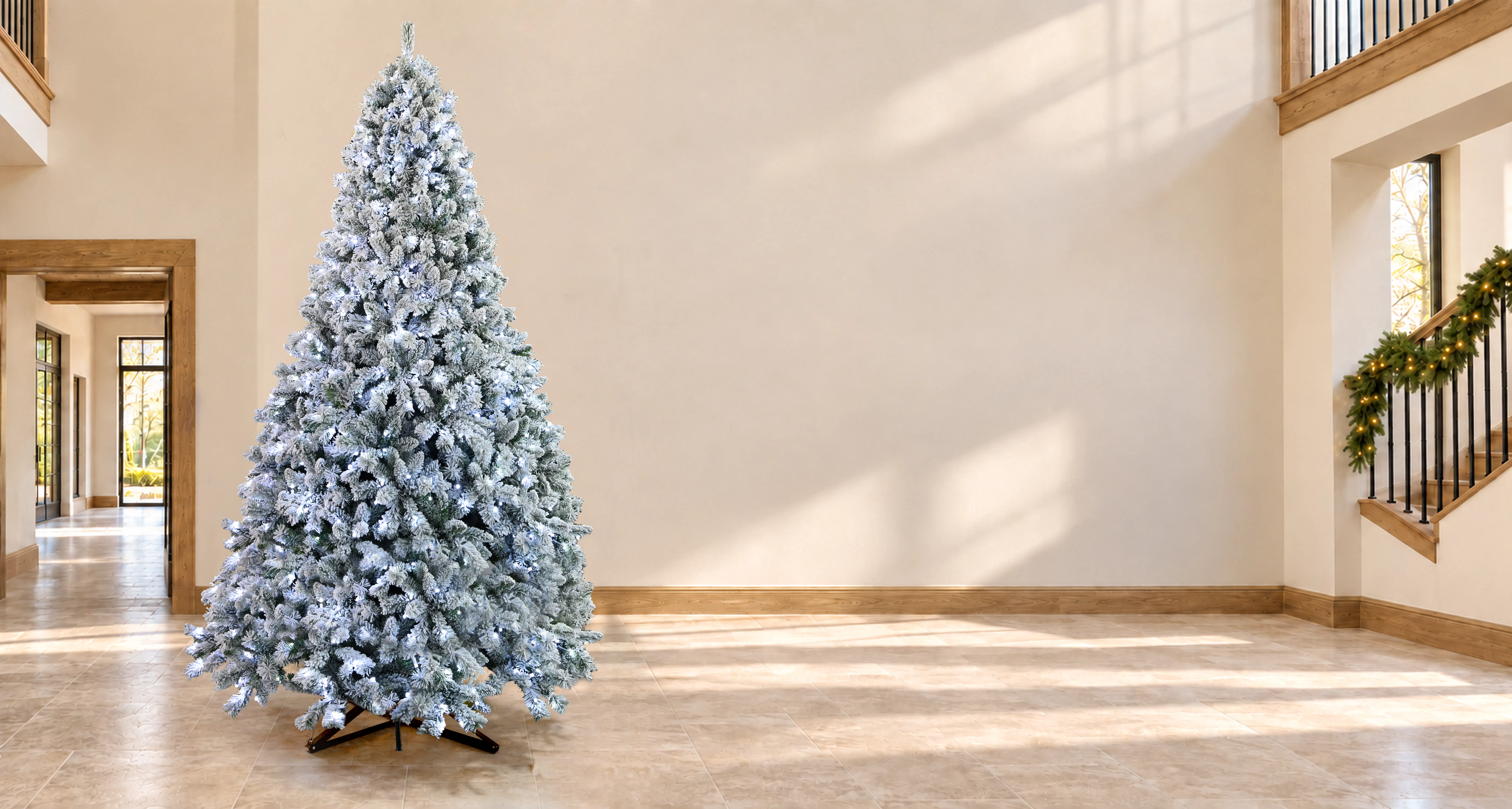 The 12ft Pre-lit Flocked Ironwood Fir Tree - Dual Colour Multifunction LEDs