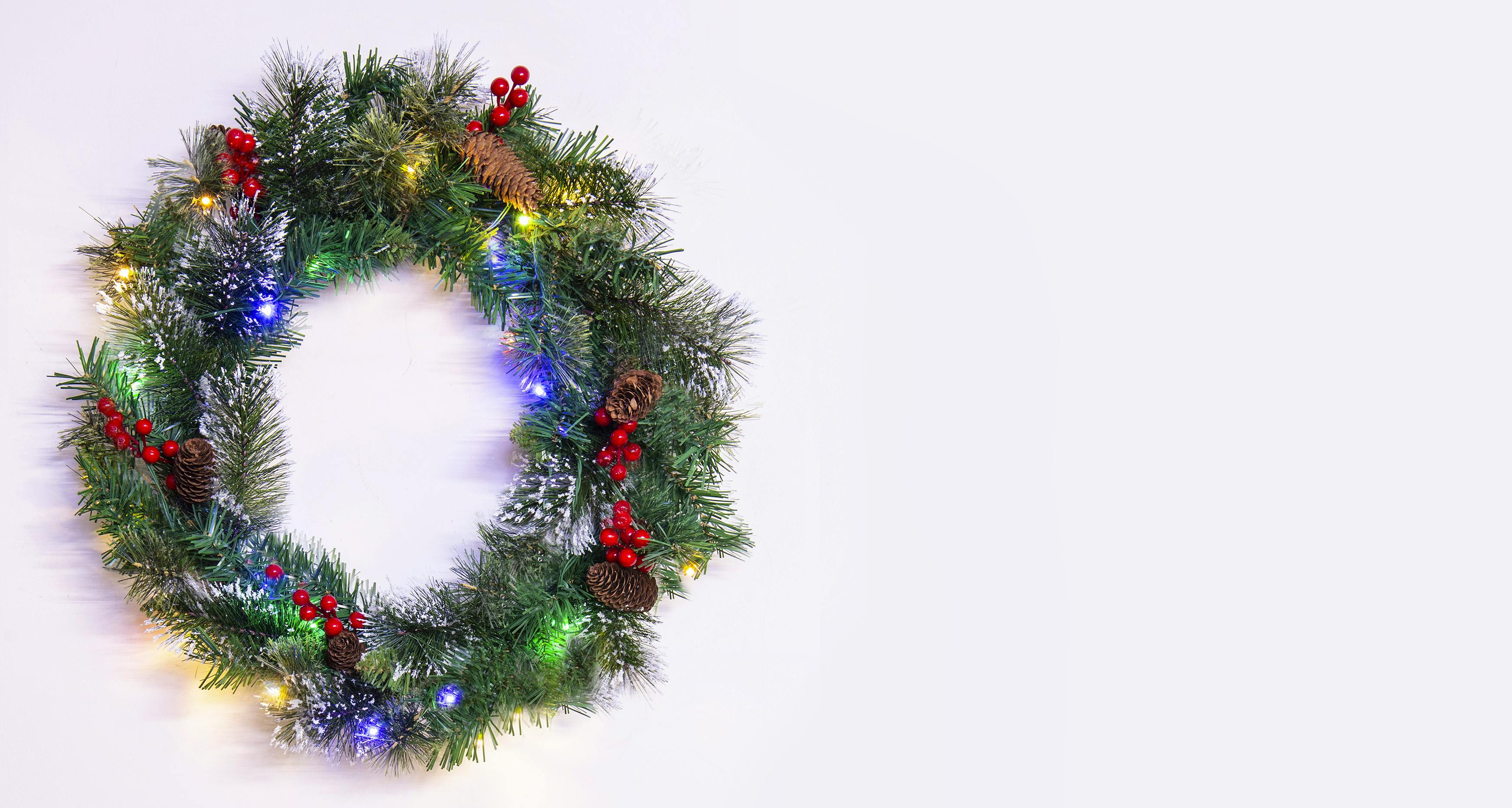 50cm Pre-lit Decorated Mixed Pine Wreath Warm White/Multicolour LEDs