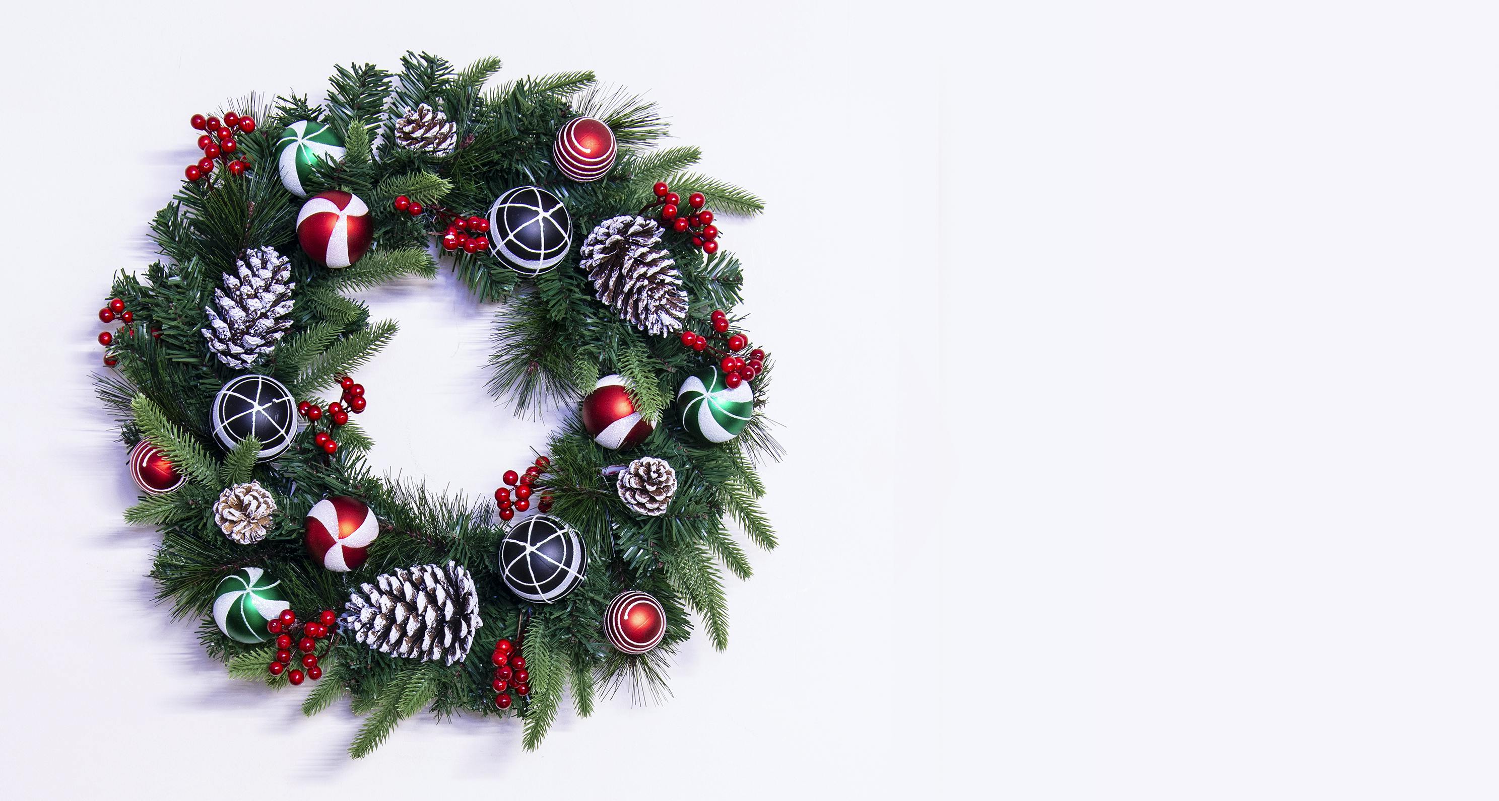 50cm Decorated Mixed Pine Wreath with Red Green & Black Baubles