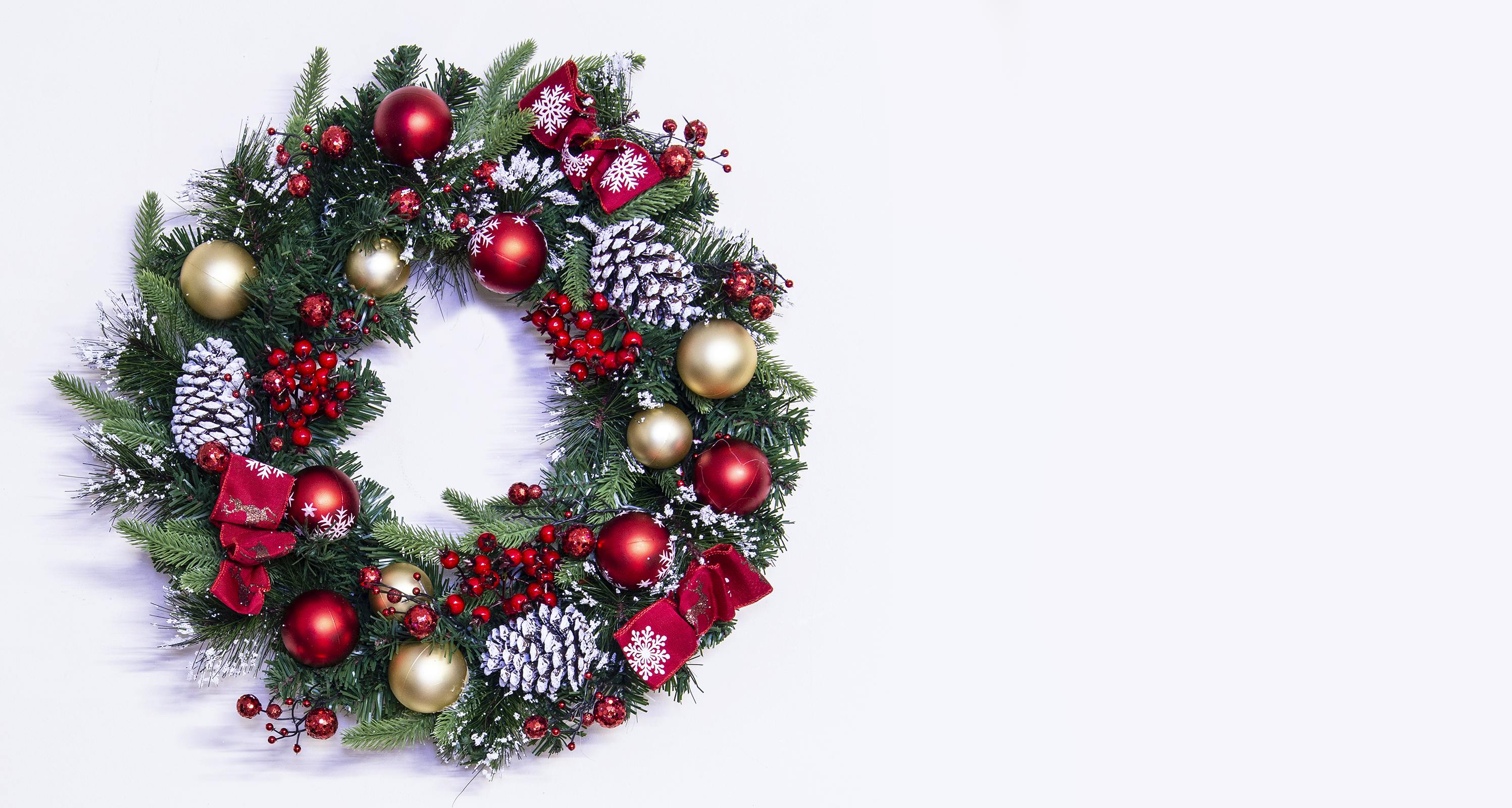 50cm Decorated Mixed Pine Wreath with Red & Gold Baubles