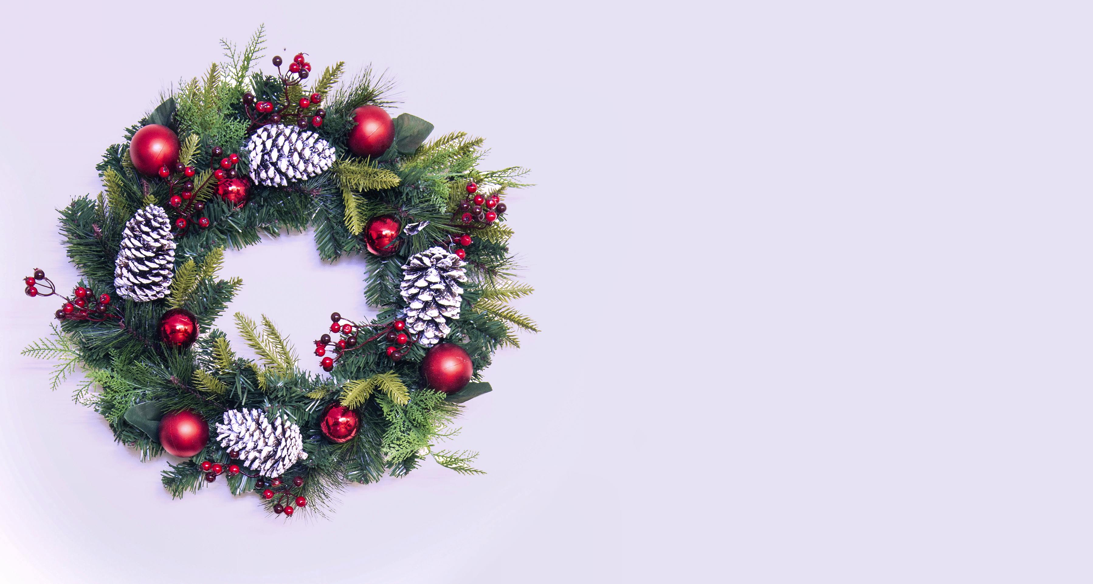 50cm Decorated Mixed Pine Wreath with Red Baubles