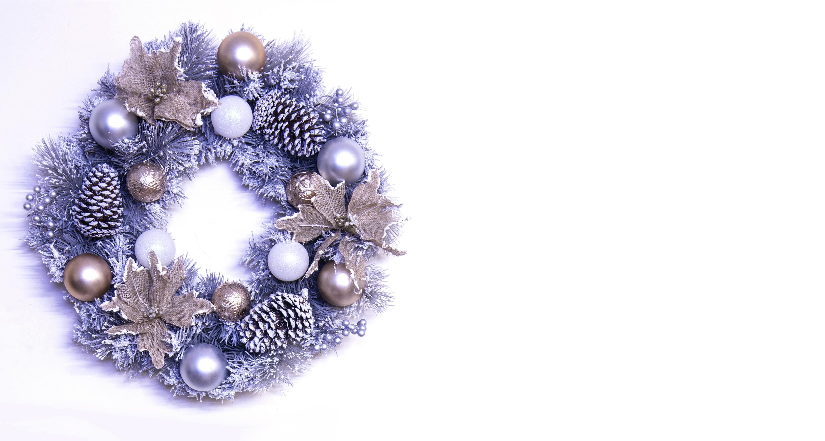 50cm Decorated Silver Mixed Pine Wreath with Rose Gold Poinsettia