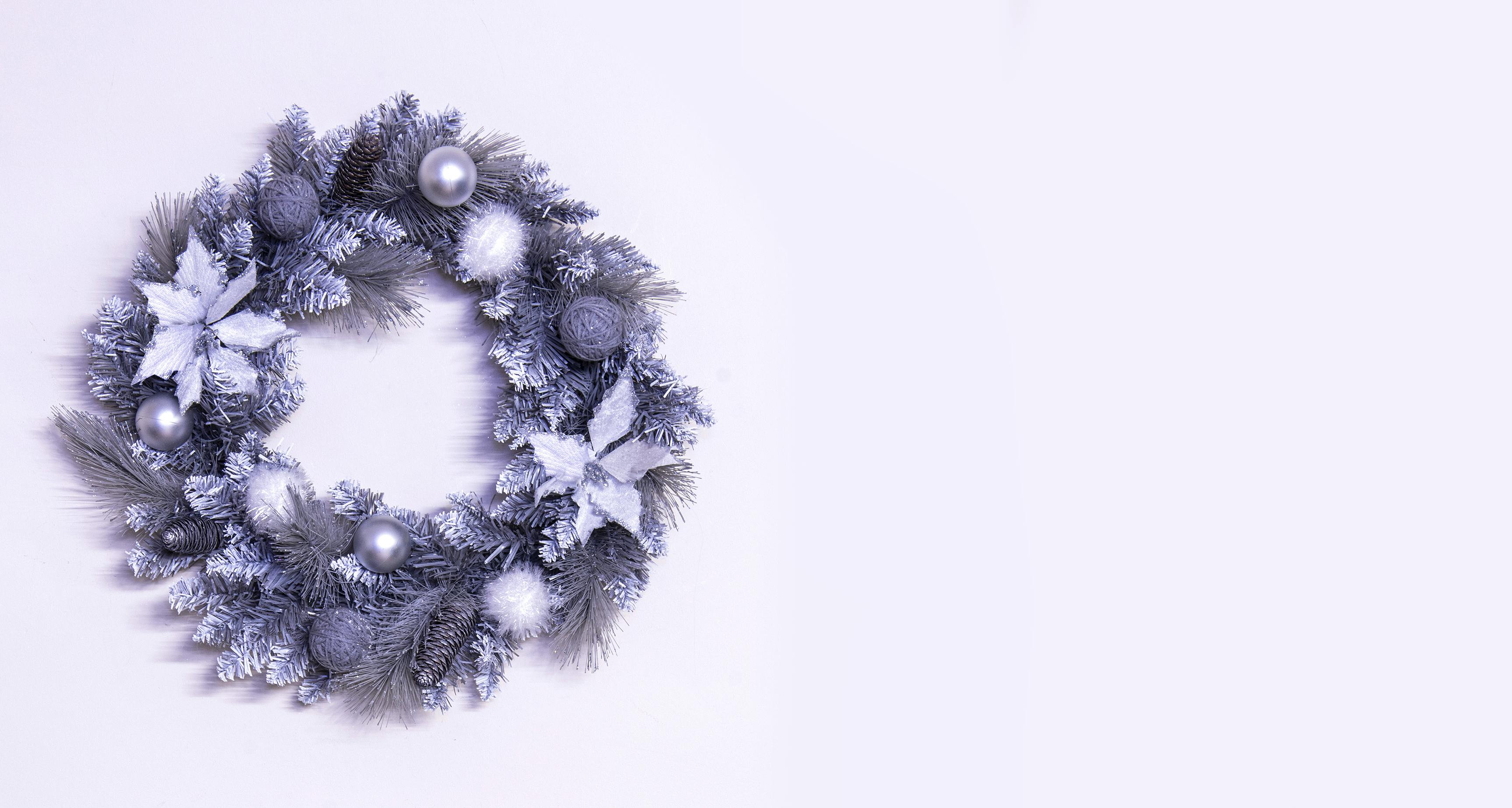 50cm Decorated Silver Mixed Pine Wreath with White Poinsettia