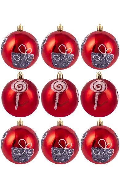10cm Hand Painted Shatterproof Bauble Design 8 (9 Pack)