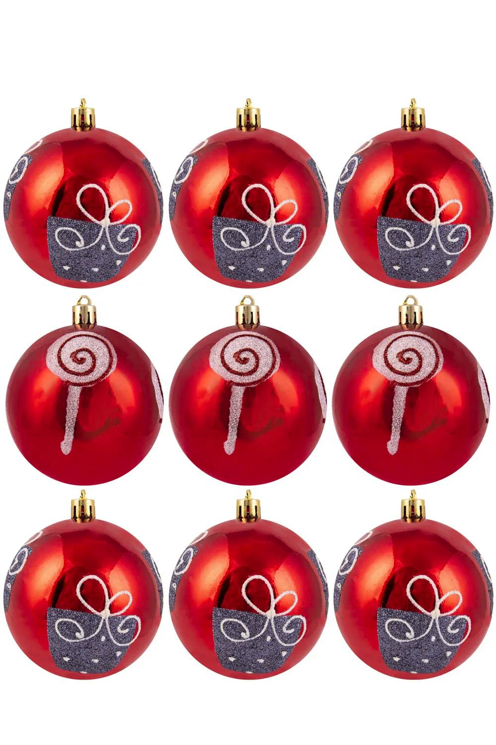 10cm Hand Painted Shatterproof Bauble Design 8 (9 Pack)